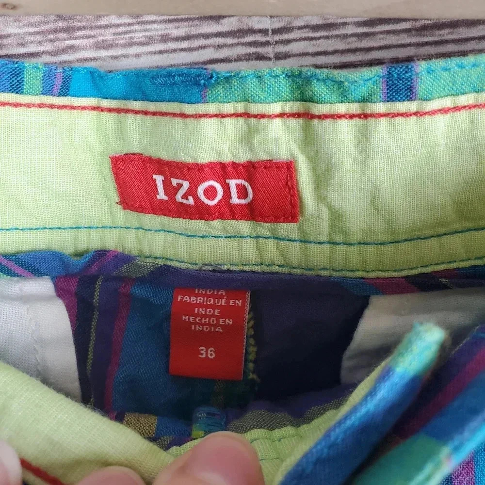 IZOD Mens Size 36x10 Blue/Green/Yellow/Purple Vibrant Plaid Cotton Golf Shorts - Picture 11 of 11